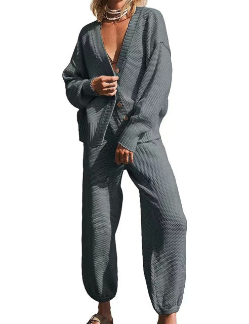 Light Gray Waffle Button Cardigan and Pant Set