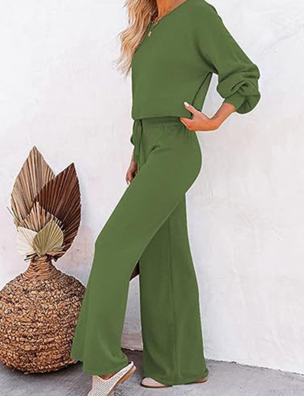 Army Green Loose Fit Long Sleeve Top and Wide Leg Pant Lounge Set