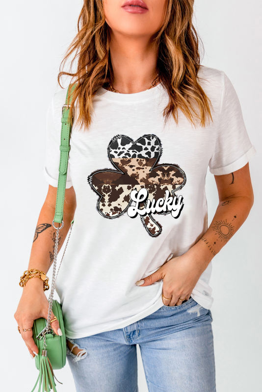 White Leopard Clover Lucky Graphic St. Patrick's Day Tee