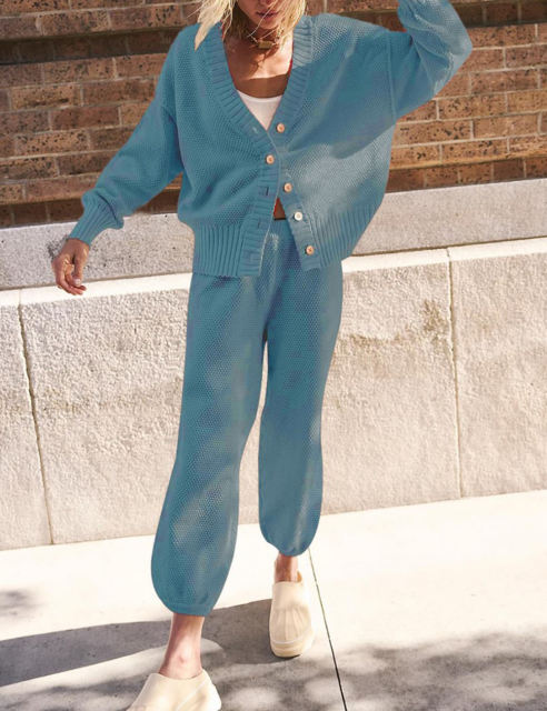 Light Blue Waffle Button Cardigan and Pant Set