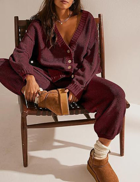 Wine Red Waffle Button Cardigan and Pant Set