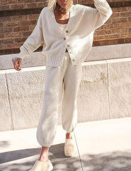 White Waffle Button Cardigan and Pant Set