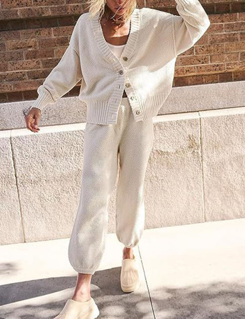 White Waffle Button Cardigan and Pant Set