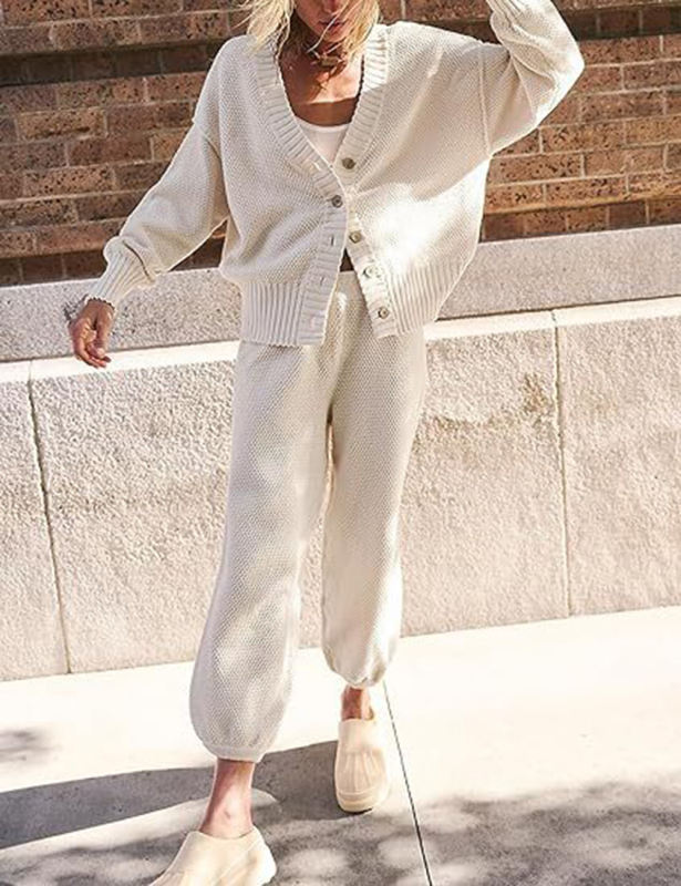 White Waffle Button Cardigan and Pant Set