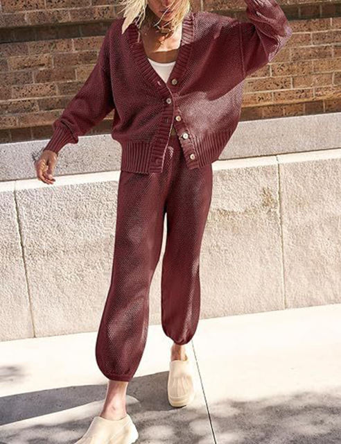 Wine Red Waffle Button Cardigan and Pant Set