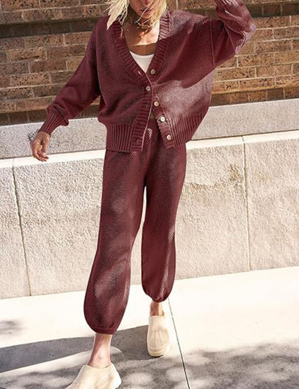 Wine Red Waffle Button Cardigan and Pant Set
