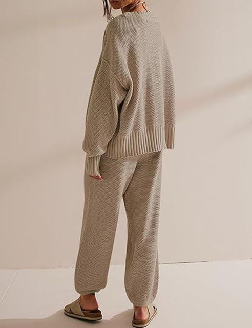 Khaki Waffle Button Cardigan and Pant Set