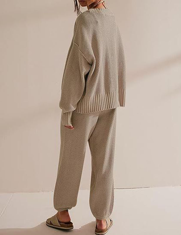 Khaki Waffle Button Cardigan and Pant Set