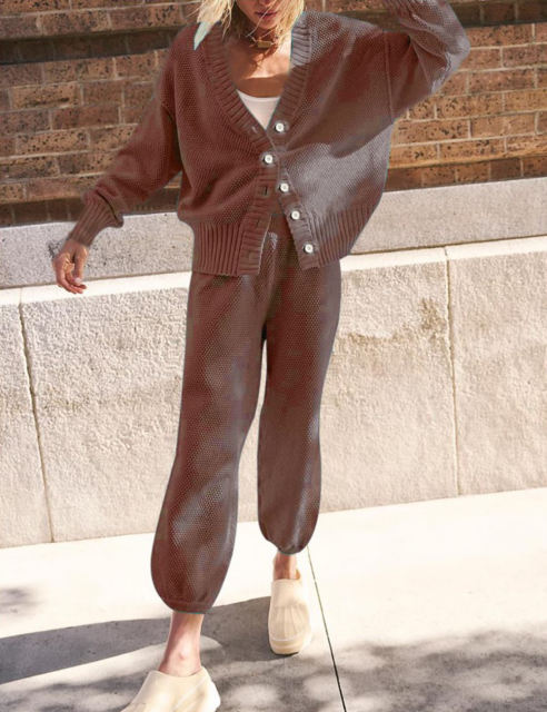 Brown Waffle Button Cardigan and Pant Set