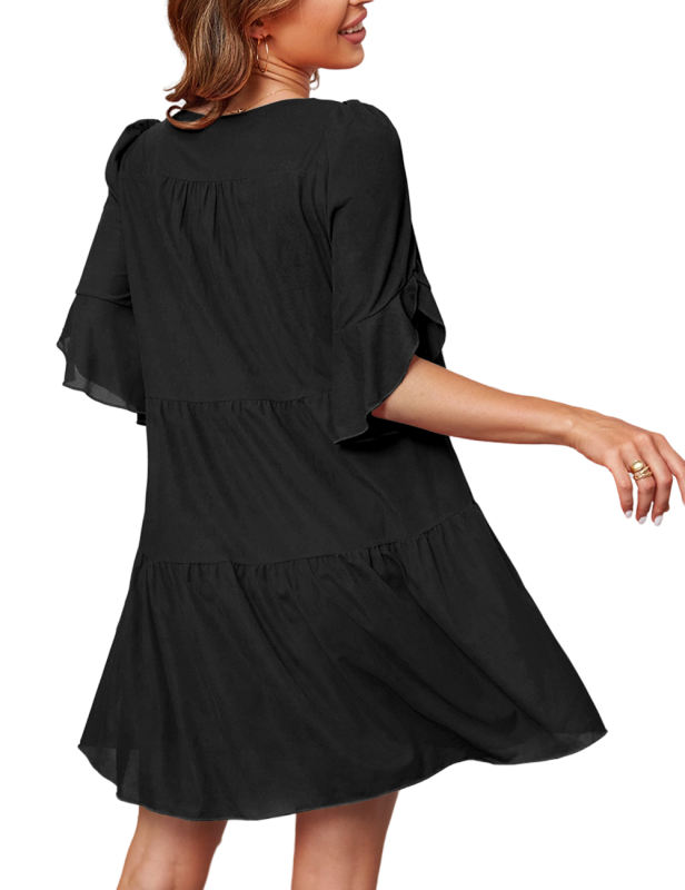 Black 1/2 Bishop Sleeve V Neck Tiered Dress