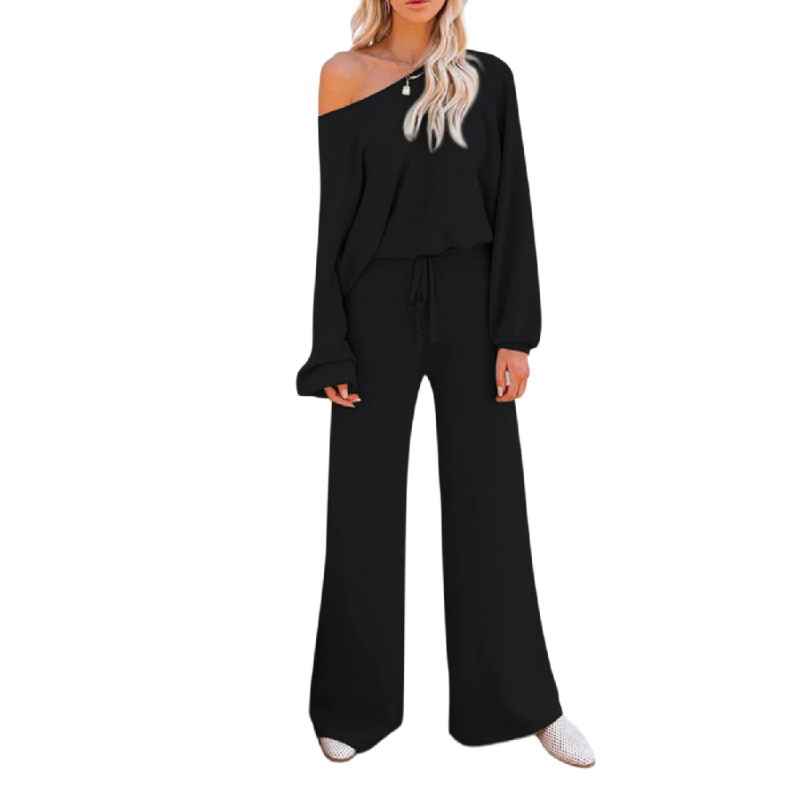 Black Loose Fit Long Sleeve Top and Wide Leg Pant Lounge Set