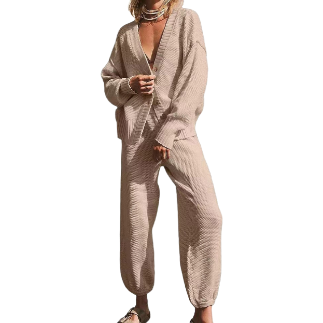 Khaki Waffle Button Cardigan and Pant Set