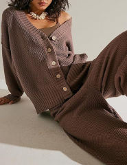 Coffee Waffle Button Cardigan and Pant Set