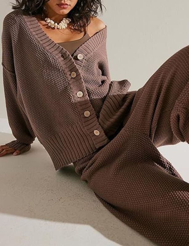 Coffee Waffle Button Cardigan and Pant Set