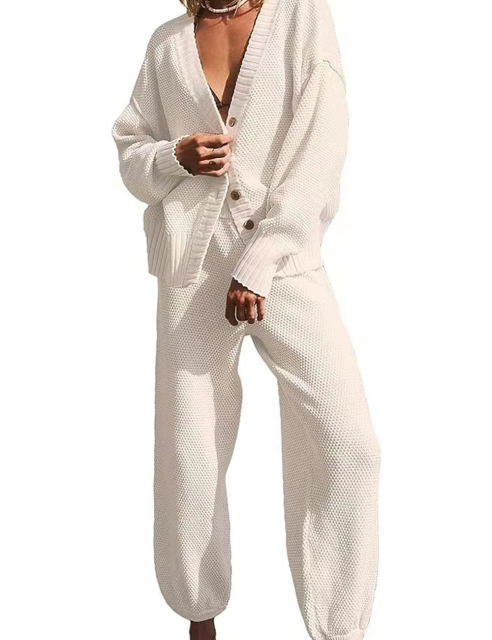 White Waffle Button Cardigan and Pant Set