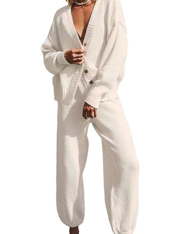 White Waffle Button Cardigan and Pant Set