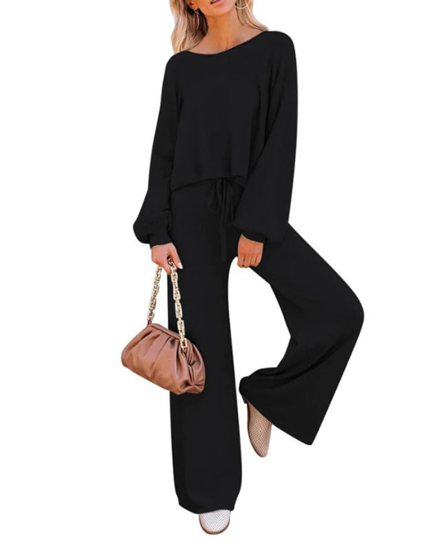 Black Loose Fit Long Sleeve Top and Wide Leg Pant Lounge Set
