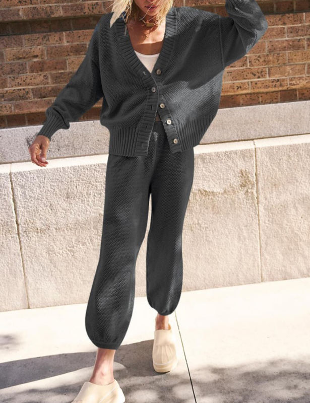 Dark Gray Waffle Button Cardigan and Pant Set