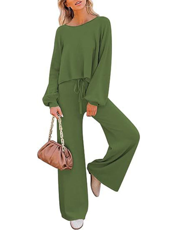 Army Green Loose Fit Long Sleeve Top and Wide Leg Pant Lounge Set