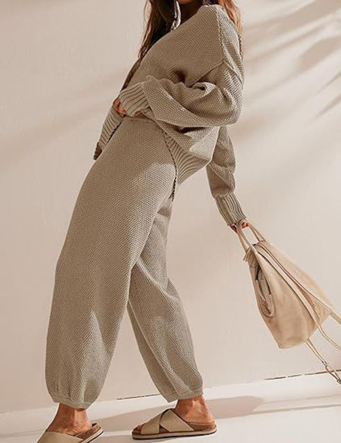 Khaki Waffle Button Cardigan and Pant Set