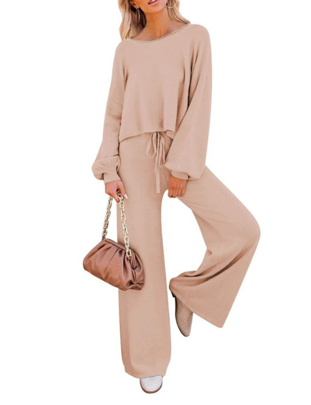 Light Pink Loose Fit Long Sleeve Top and Wide Leg Pant Lounge Set