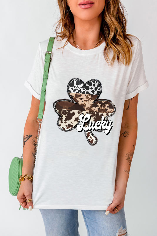 White Leopard Clover Lucky Graphic St. Patrick's Day Tee