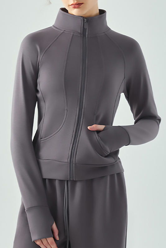 Dark Grey Active Solid Zipper Yoga Coat