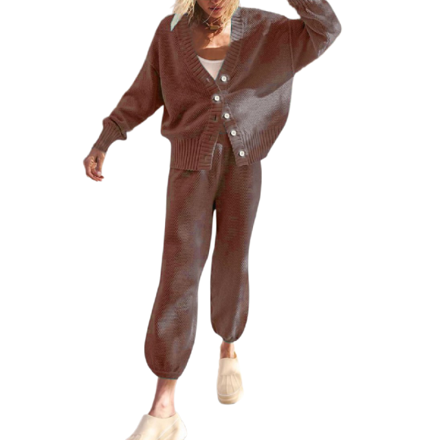 Brown Waffle Button Cardigan and Pant Set