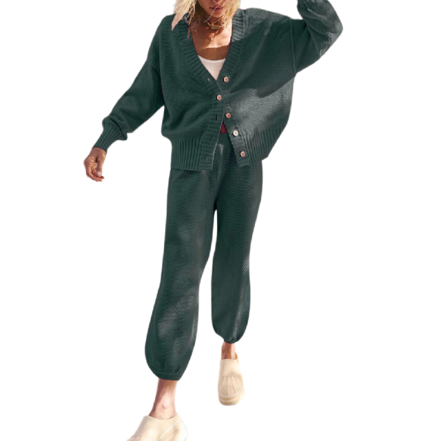 Blue-green Waffle Button Cardigan and Pant Set