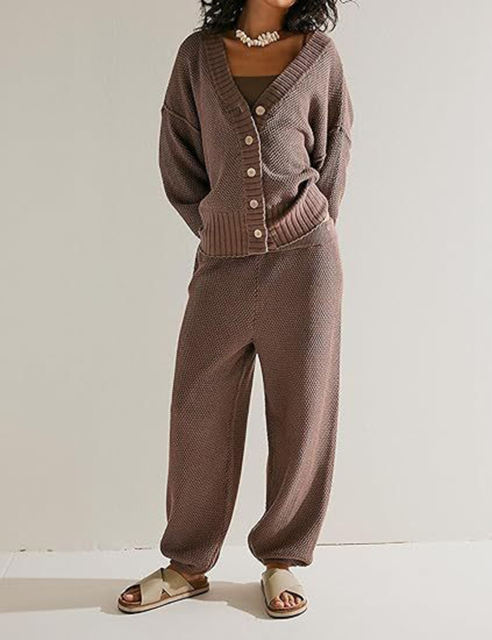 Coffee Waffle Button Cardigan and Pant Set