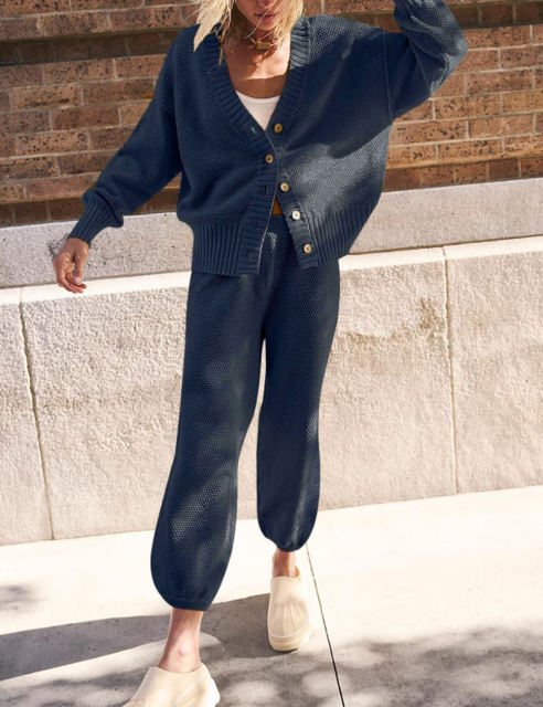 Blue Waffle Button Cardigan and Pant Set