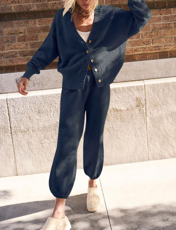 Blue Waffle Button Cardigan and Pant Set