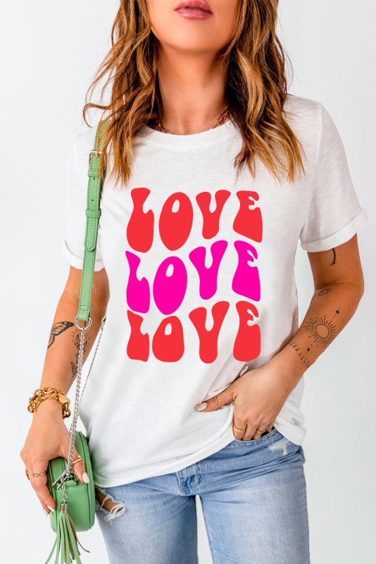 White Valentines LOVE Alphabet Print Crew Neck T Shirt