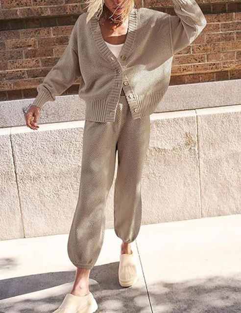 Khaki Waffle Button Cardigan and Pant Set