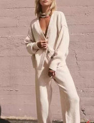 Apricot Waffle Button Cardigan and Pant Set