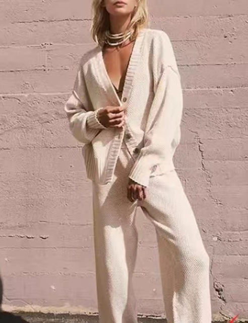 Apricot Waffle Button Cardigan and Pant Set