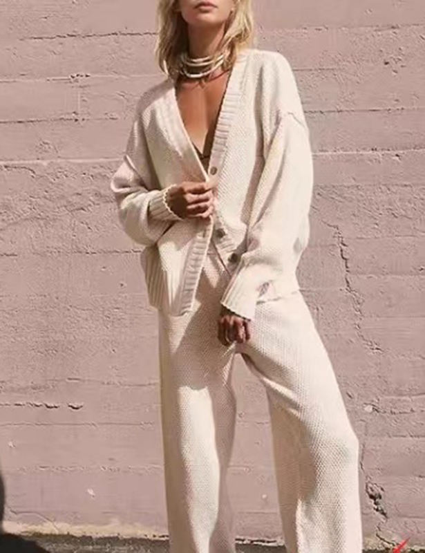 Apricot Waffle Button Cardigan and Pant Set