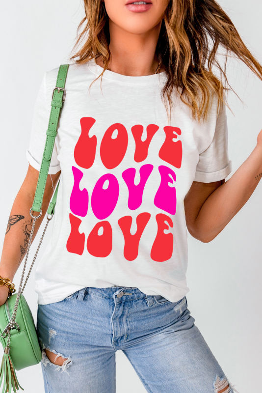 White Valentines LOVE Alphabet Print Crew Neck T Shirt