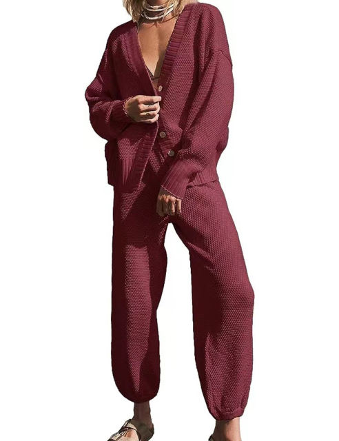 Wine Red Waffle Button Cardigan and Pant Set