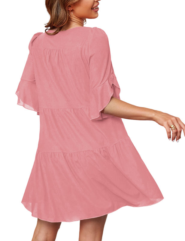 Pink 1/2 Bishop Sleeve V Neck Tiered Dress