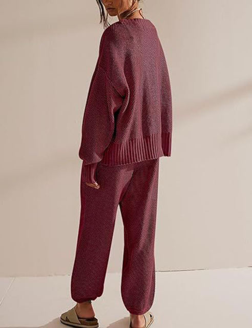 Wine Red Waffle Button Cardigan and Pant Set