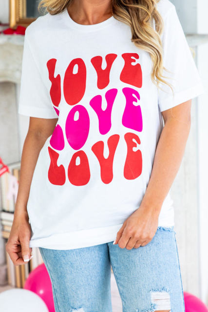 White Valentines LOVE Alphabet Print Crew Neck T Shirt