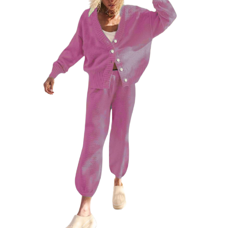 Pink Waffle Button Cardigan and Pant Set