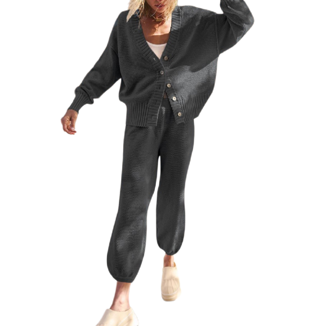 Dark Gray Waffle Button Cardigan and Pant Set