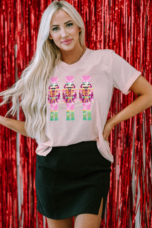Pink Sequin Nutcracker Graphic Casual T-shirt