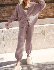 Light Purple Waffle Button Cardigan and Pant Set