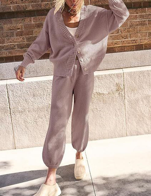 Light Purple Waffle Button Cardigan and Pant Set