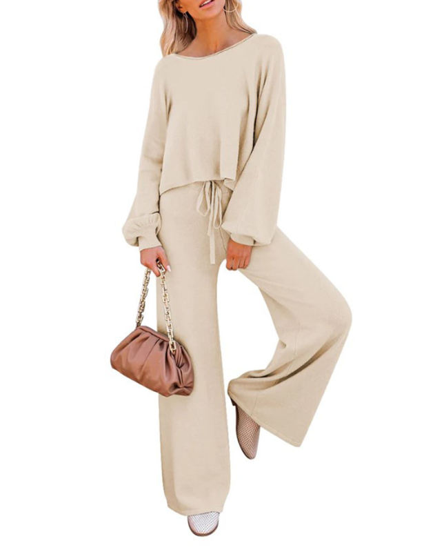 Apricot Loose Fit Long Sleeve Top and Wide Leg Pant Lounge Set