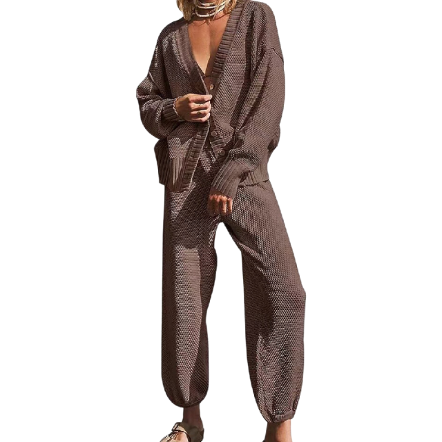 Coffee Waffle Button Cardigan and Pant Set