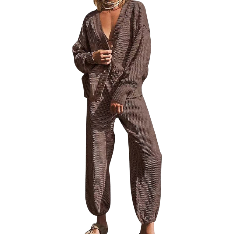 Coffee Waffle Button Cardigan and Pant Set